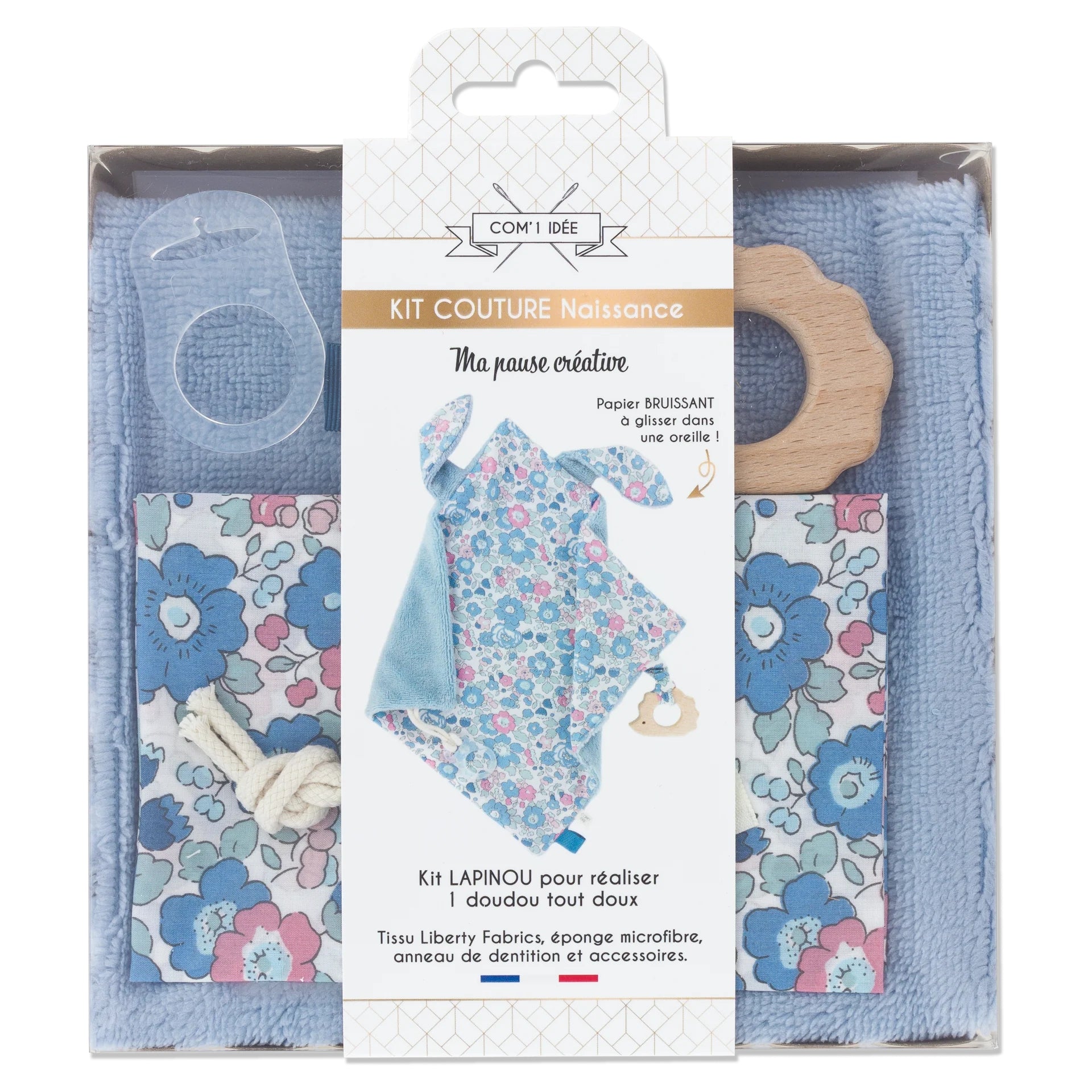 Kit Couture DIY Doudou Lapinou “Betsy” – Doudou Bébé Liberty & Anneau de Dentition Com'1 Idée