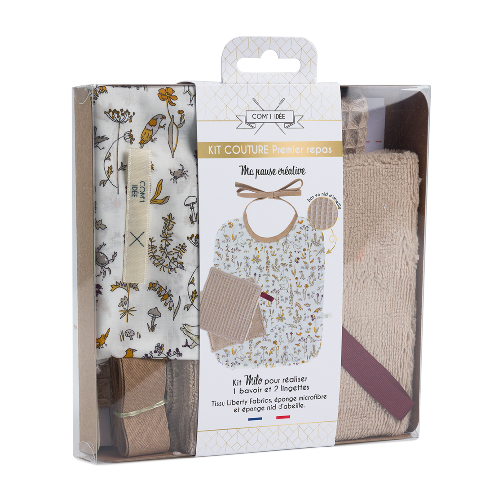 Kit couture premier repas bébé Milo – Bavoir & lingettes Liberty bébé Com'1 Idée