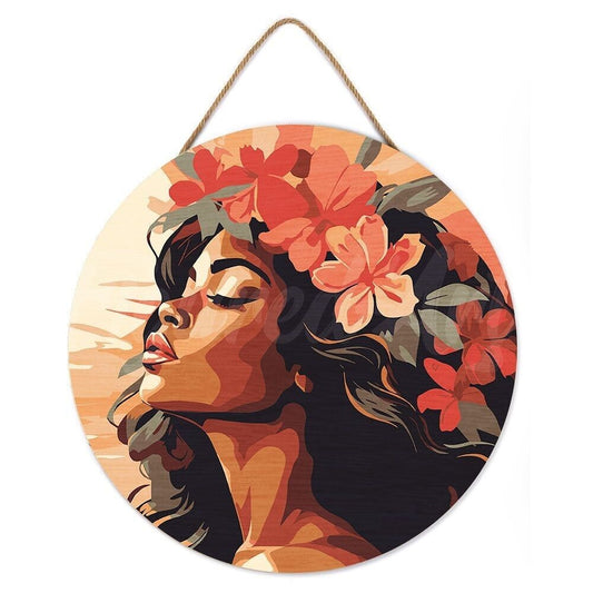 Disque bois 30 cm, peintures, pinceaux et guide du kit peinture par numéros Femme florale