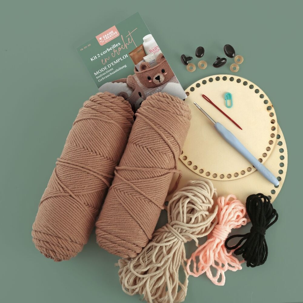 Kit 2 Corbeilles DIY en Crochet Ours – Panier Décoratif à Réaliser Soi-même GRAINE CREATIVE