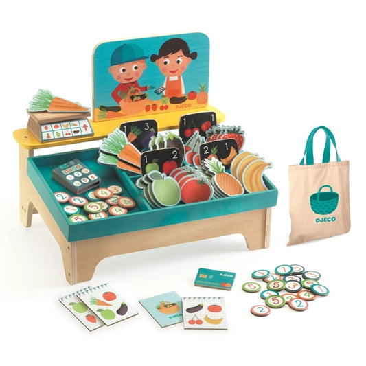 Léa & Milo Little Market Djeco – Étal de Fruits & Légumes avec Balance et Caisse Djeco