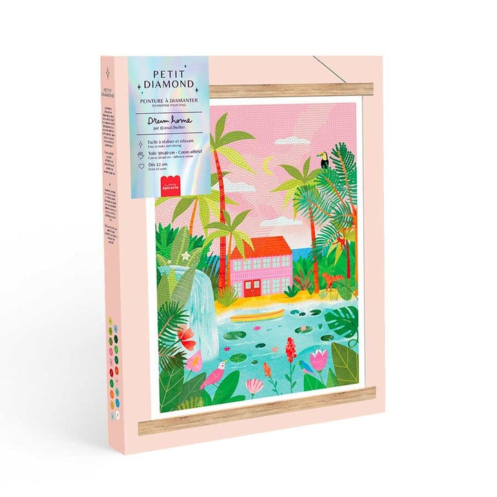 Coffret Petit Diamond Dream Home, illustration maison tropicale et pastel.