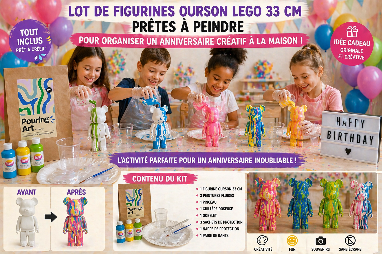 Kit anniversaire DIY Pouring Art Ourson Lego – Lot de 4 à 12 figurines à peindre JOY!