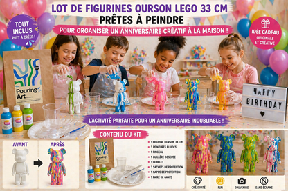 Kit anniversaire DIY Pouring Art Ourson Lego – Lot de 4 à 12 figurines à peindre JOY!