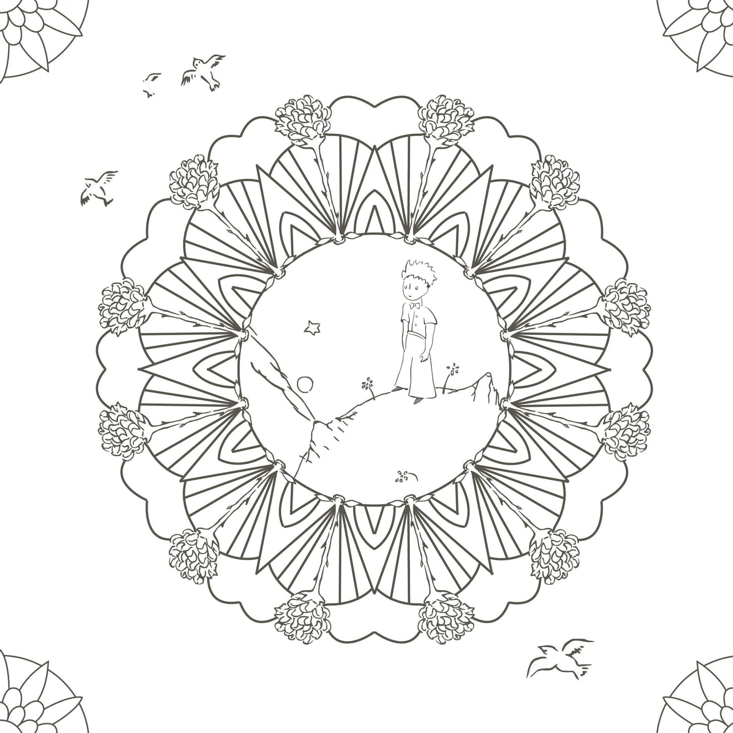 Grand mandala inspiré de l'univers du Petit Prince à colorier