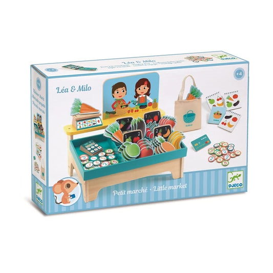 Léa & Milo Little Market Djeco – Étal de Fruits & Légumes avec Balance et Caisse Djeco