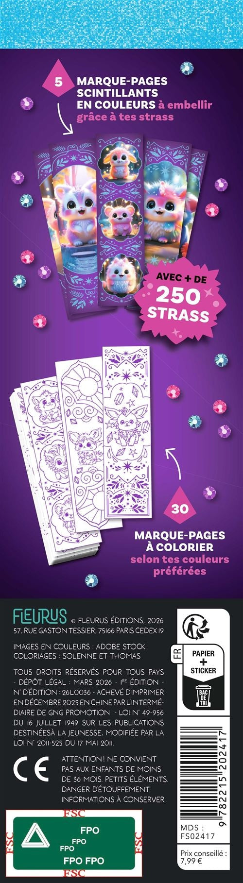 Marque-pages à Strasser et à Colorier Bleu – Kit Créatif avec Strass Edition Fleurus