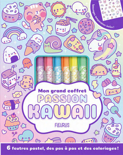 Mon Grand Coffret Passion Kawaii avec livre de dessin et feutres pastel