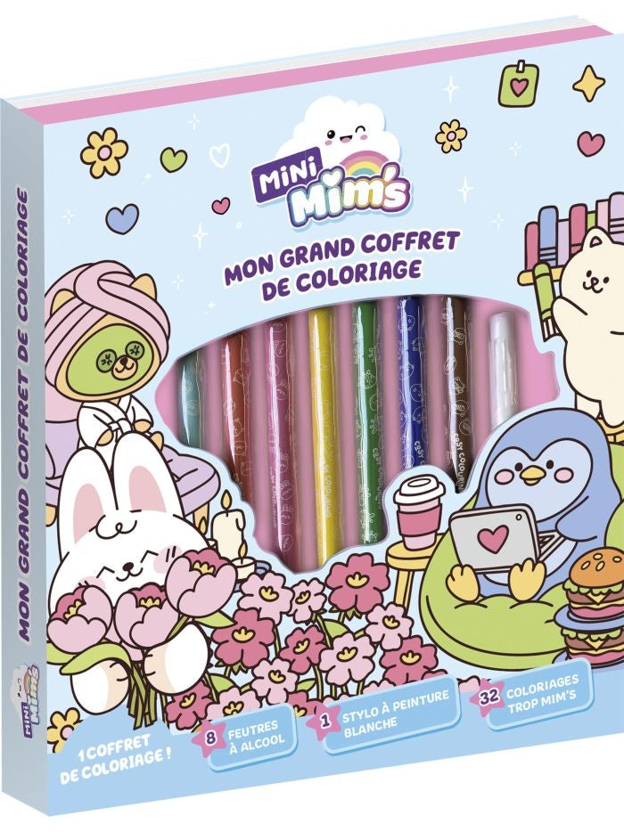 Grand coffret coloriage enfant Mini Mim's avec 32 dessins et 8 feutres à alcool
