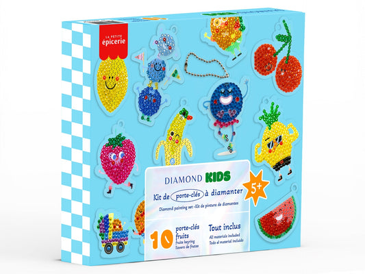 Coffret Diamond Painting Kids porte-clés fruits avec strass colorés et outils.