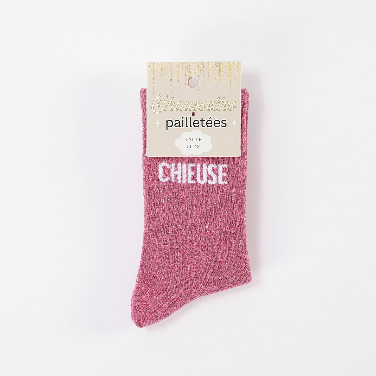 idée cadeau femme chaussettes chieuse rose paillettes