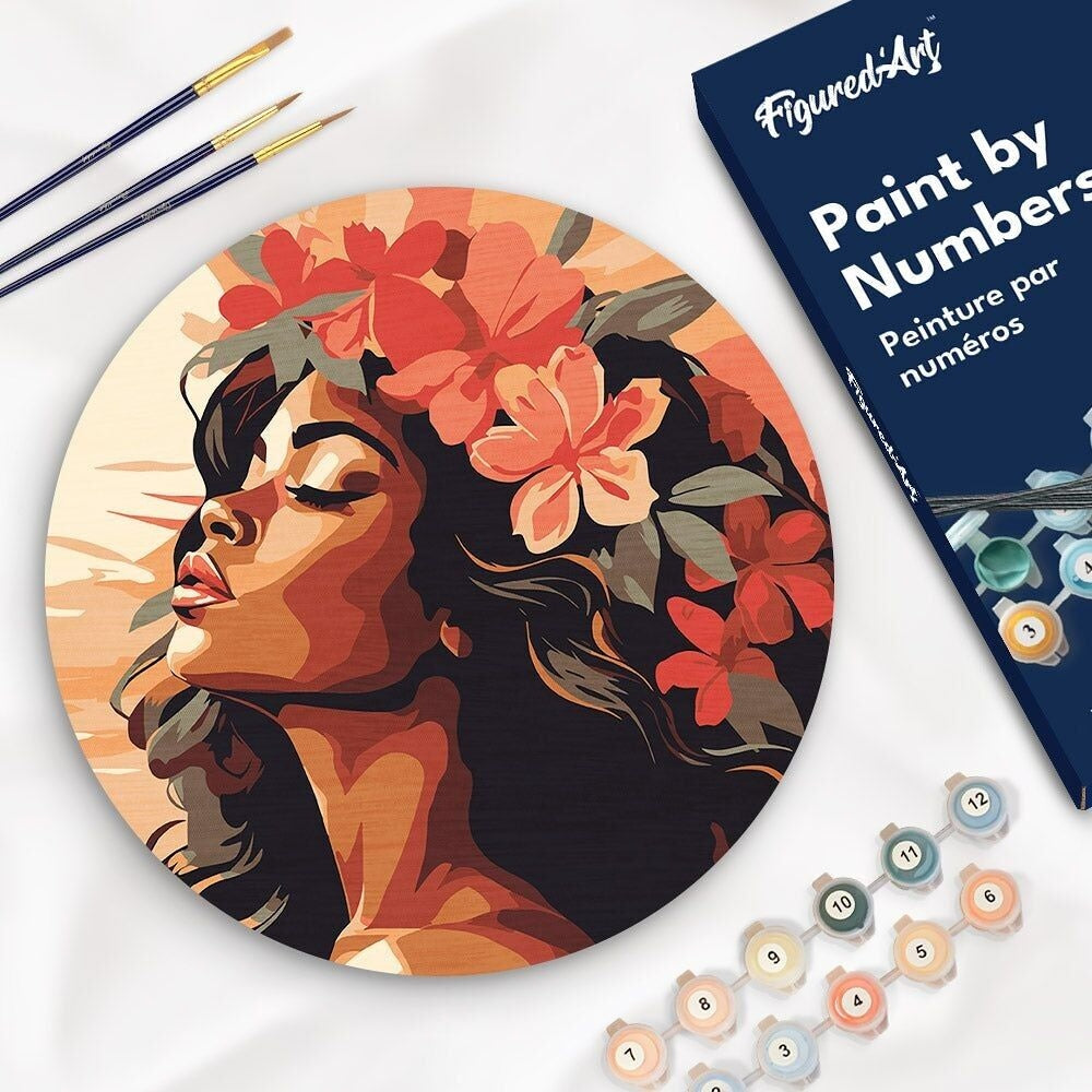 Peinture par numéros – Disque en bois Femme florale Ø 30 cm – Kit DIY décoratif Figured'art