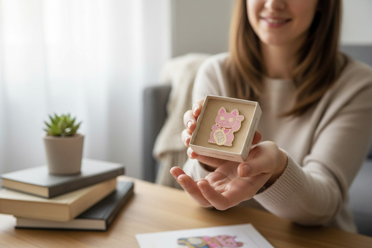 Pin’s Maneki Neko rose – Chat porte-bonheur japonais émaillé studio inktvis