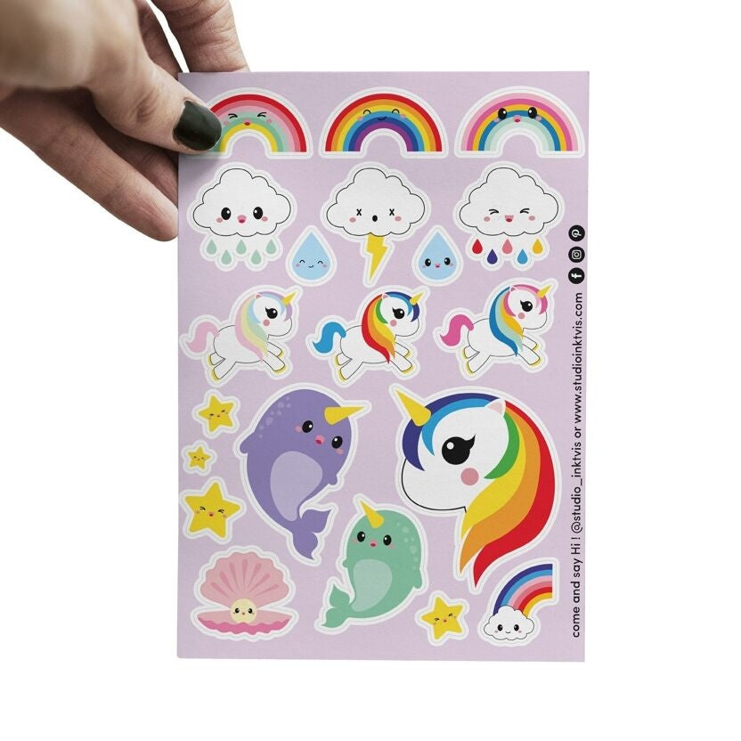Planche de stickers Licorne & Narval arc-en-ciel – Autocollants kawaii A6 studio inktvis