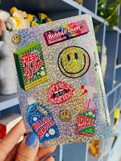 Planche de stickers pailletés Smiley & Messages sarcastiques – Autocollants fun A6 studio inktvis