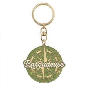 Détail du porte-clés pailleté Baroudeuse avec inscription fantaisie pour femme