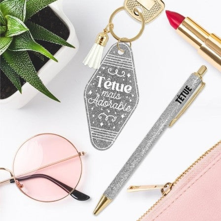 Coffret Duo Paillettes “Têtue” – Stylo & Porte-Clés Humoristique Femme | Girls Club JOY!