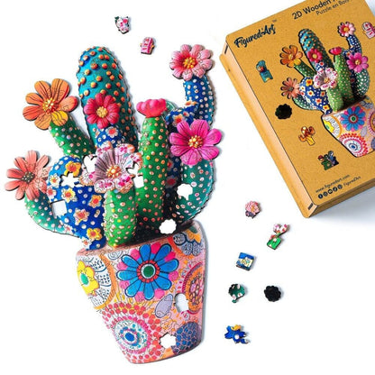 Puzzle en bois 200 pièces motif cactus fleuri en pot – vue complète