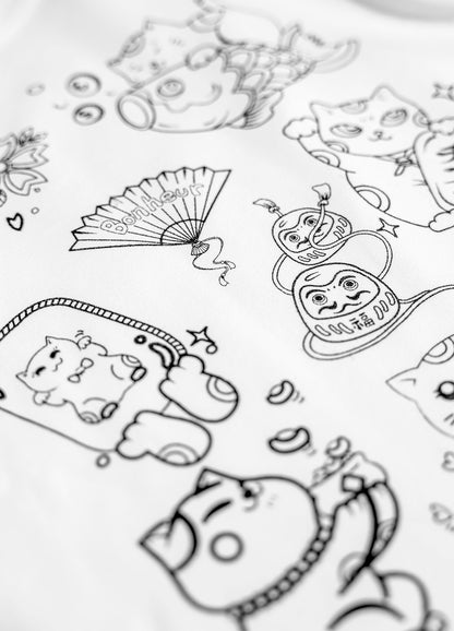 Pyjama mixte coton extensible motif Chat Porte Bonheur noir à colorier