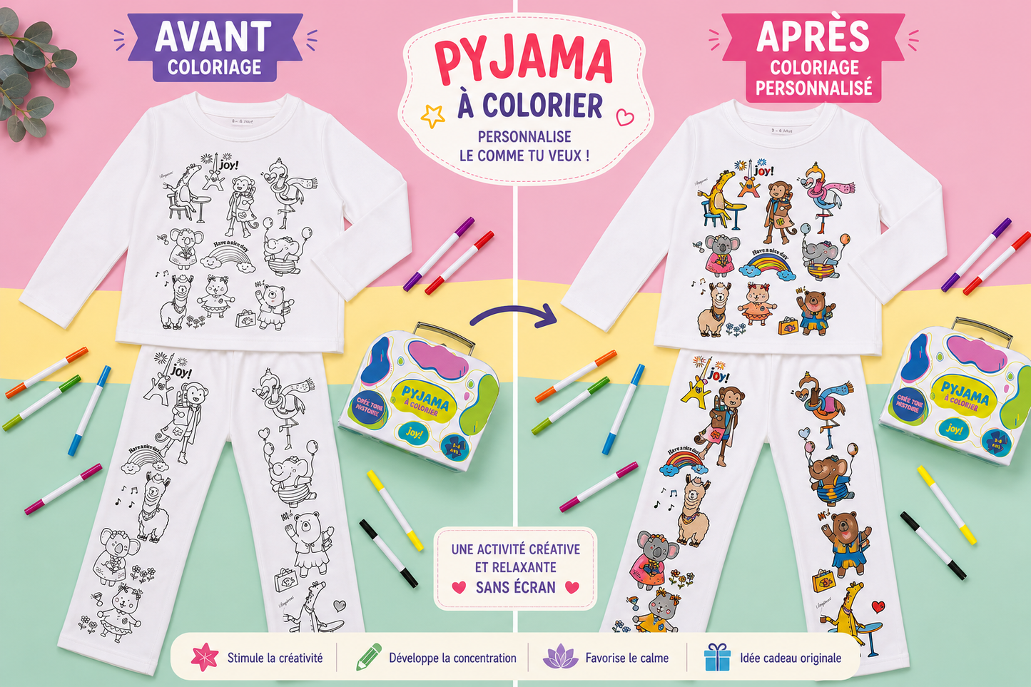 Pyjama à colorier Animaux Rigolos – Mixte | Coffret créatif JOY! avec feutres lavables JOY!