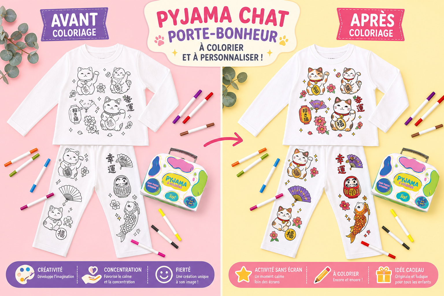 Pyjama à colorier Chat Porte-Bonheur – Mixte | Coffret créatif JOY! avec feutres lavables JOY!