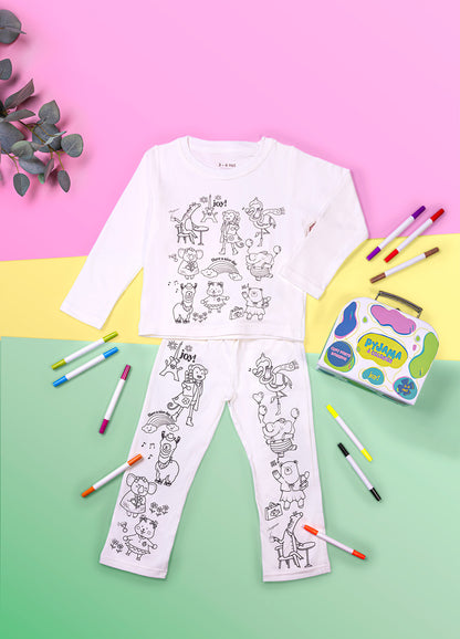  Pyjama à colorier JOY! motif Animaux Rigolos avec feutres lavables et valisette