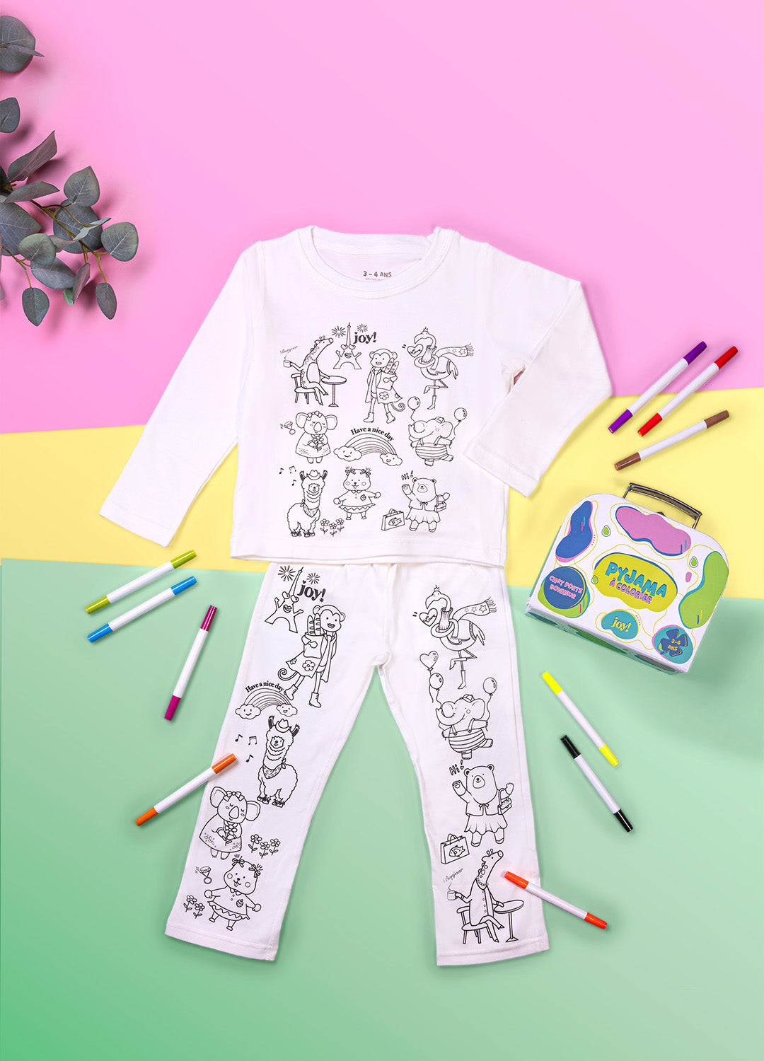Pyjama à colorier Animaux Rigolos – Mixte | Coffret créatif JOY! avec feutres lavables JOY!