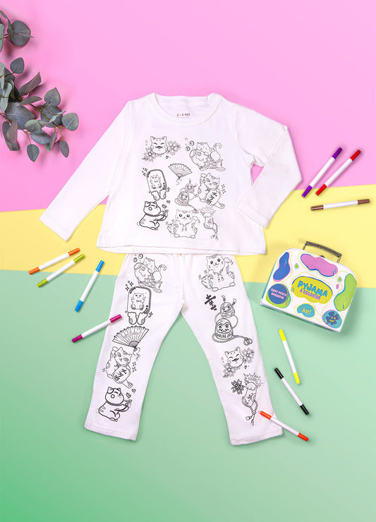 Pyjama à colorier Chat Porte-Bonheur – Mixte | Coffret créatif JOY! avec feutres lavables JOY!