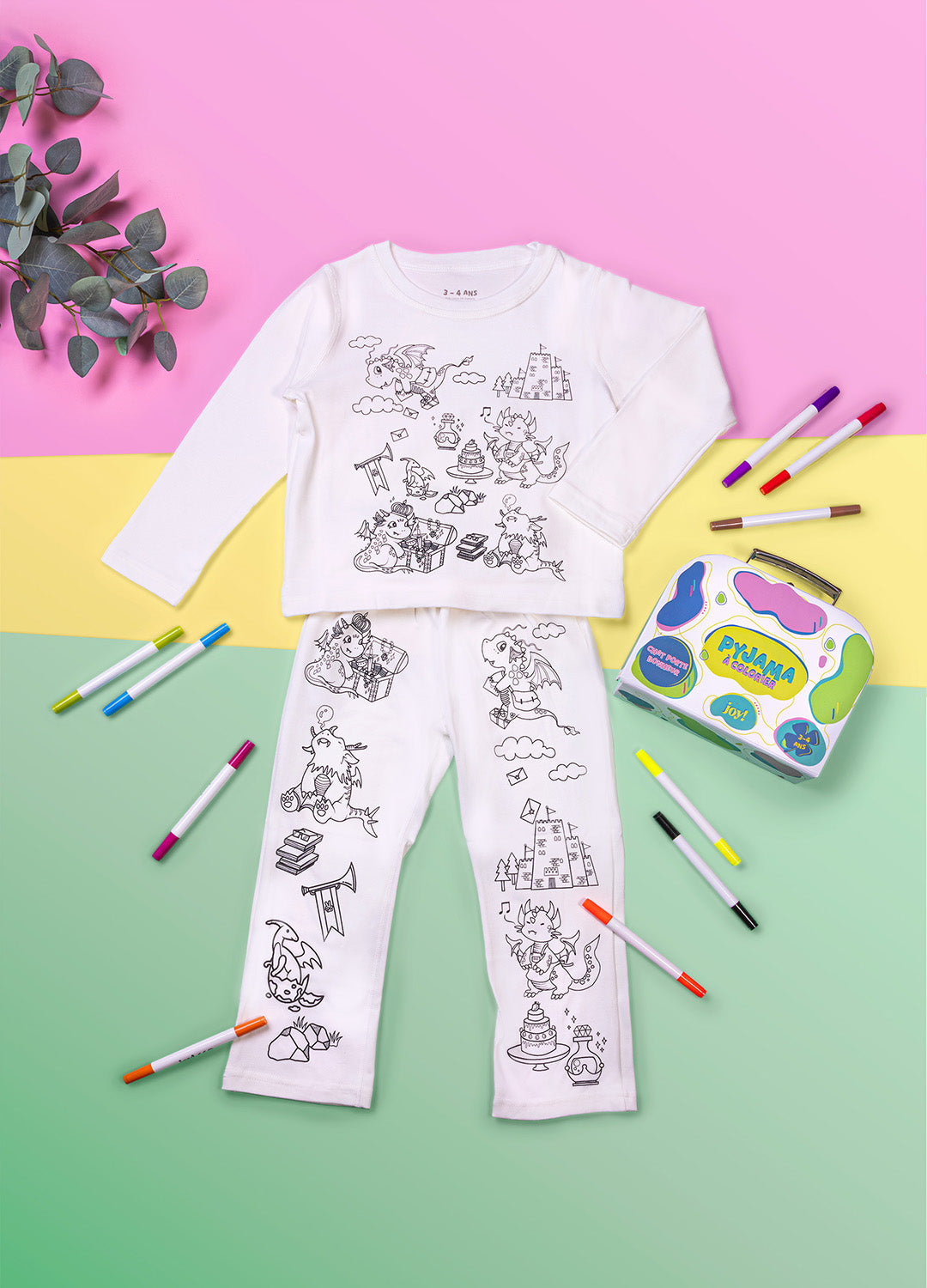  Pyjama à colorier JOY! motif dinosaure avec feutres lavables et valisette
