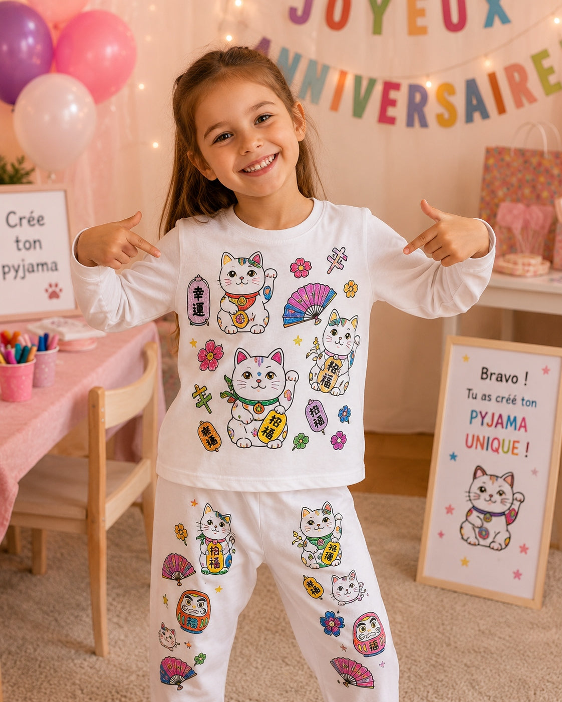 Kit Anniversaire Pyjama à Colorier Chat Porte-Bonheur – Activité Créative Enfant | Joy Cadeaux JOY!