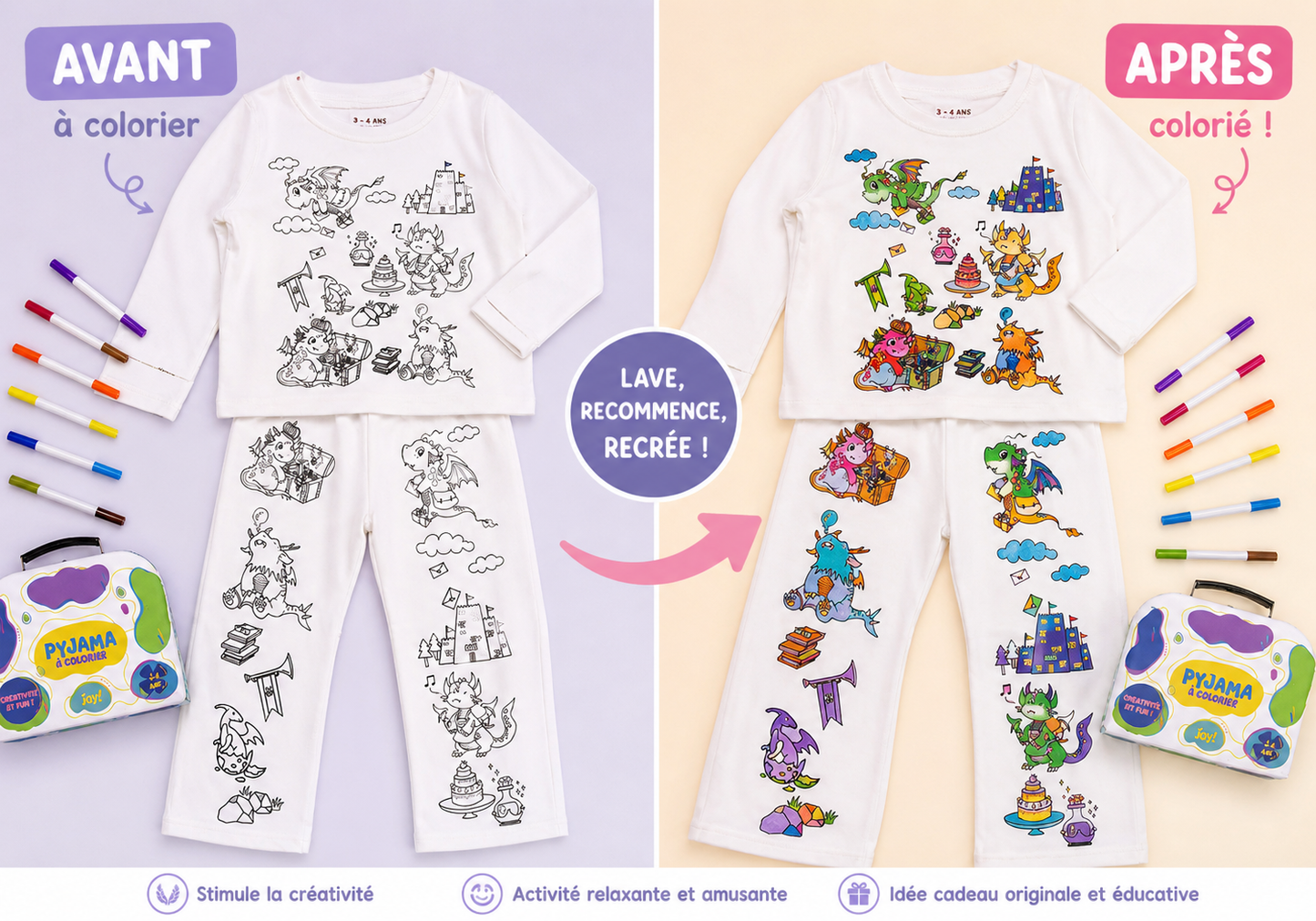 Pyjama à colorier Dinosaure Rigolo – Garçon | Coffret créatif JOY! avec feutres lavables JOY!