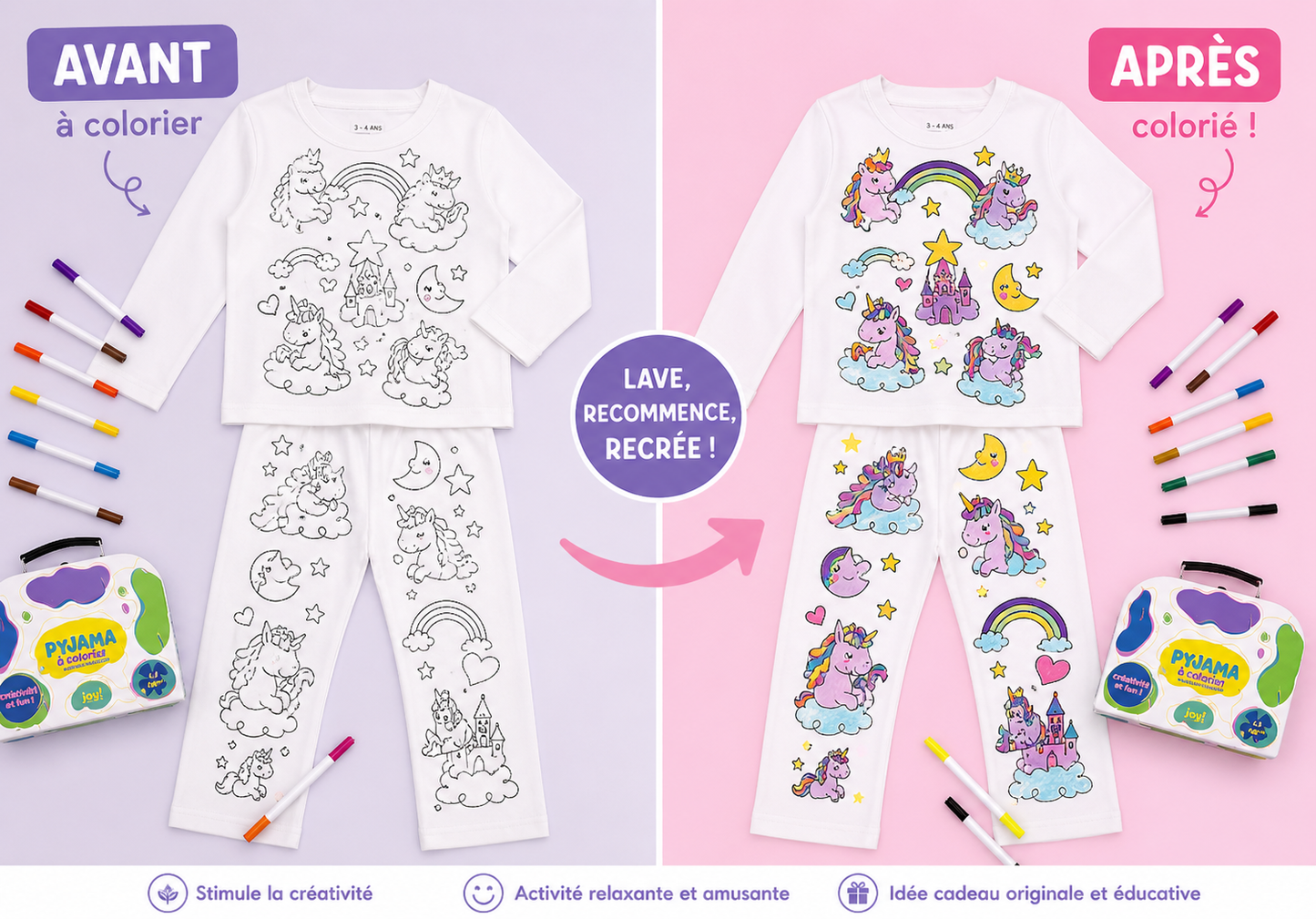 Pyjama à colorier Licornes – Fille | Coffret créatif JOY! avec feutres lavables JOY!