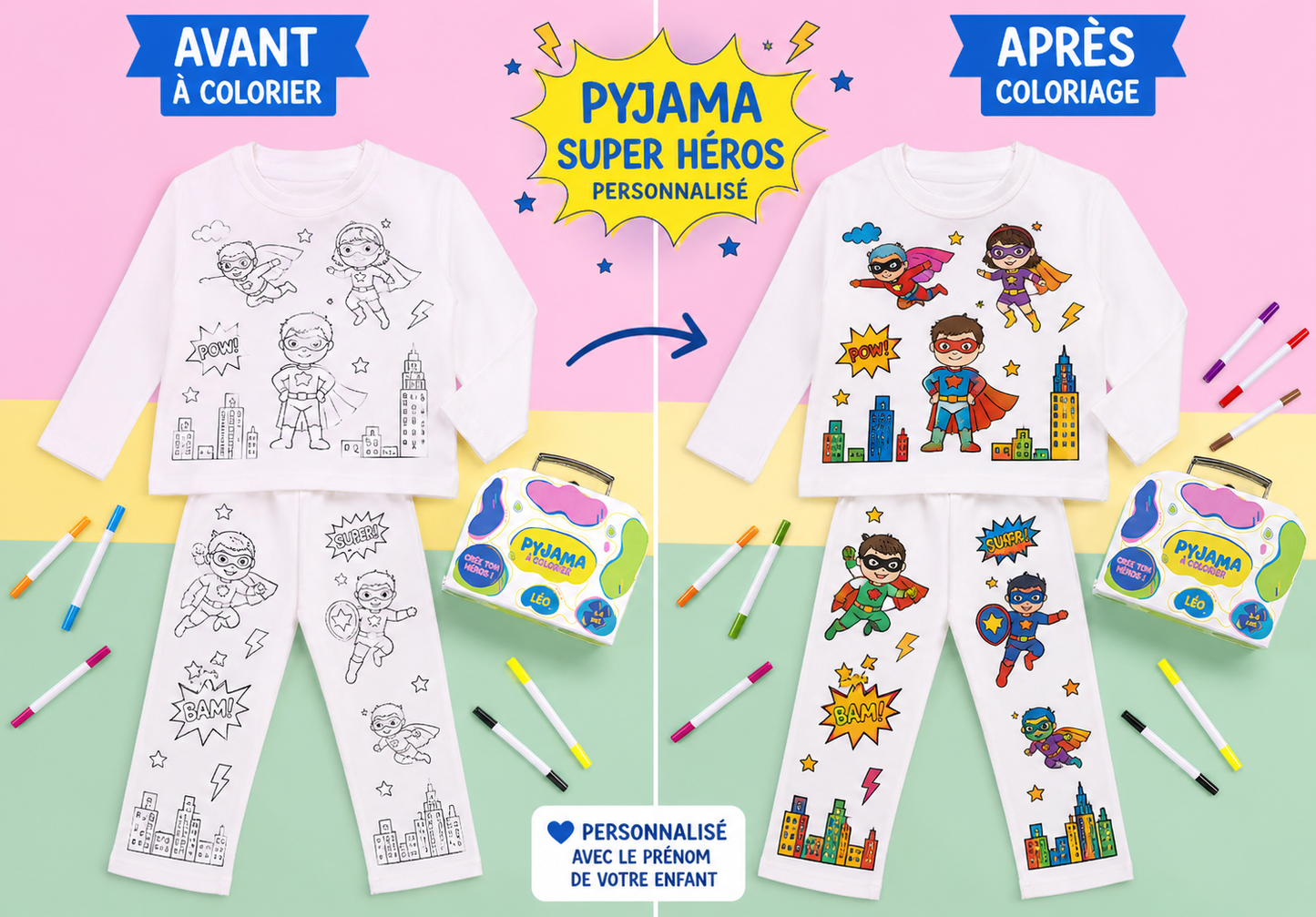Pyjama à colorier Super Héros – Garçon | Coffret créatif JOY! avec feutres lavables JOY!