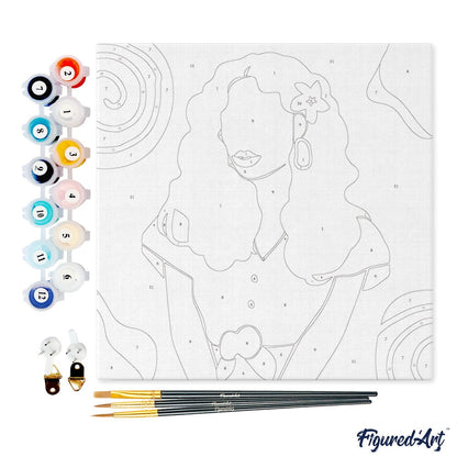Mini Peinture par Numéros - Kit DIY 20x20cm avec cadre Femme et Fleur dans les Cheveux Figured'art