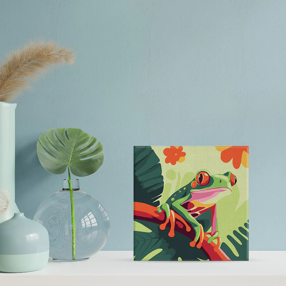 Mini Peinture par Numéros - Kit DIY 20x20cm avec cadre Rainette Tropicale aux Yeux Rouges Figured'art