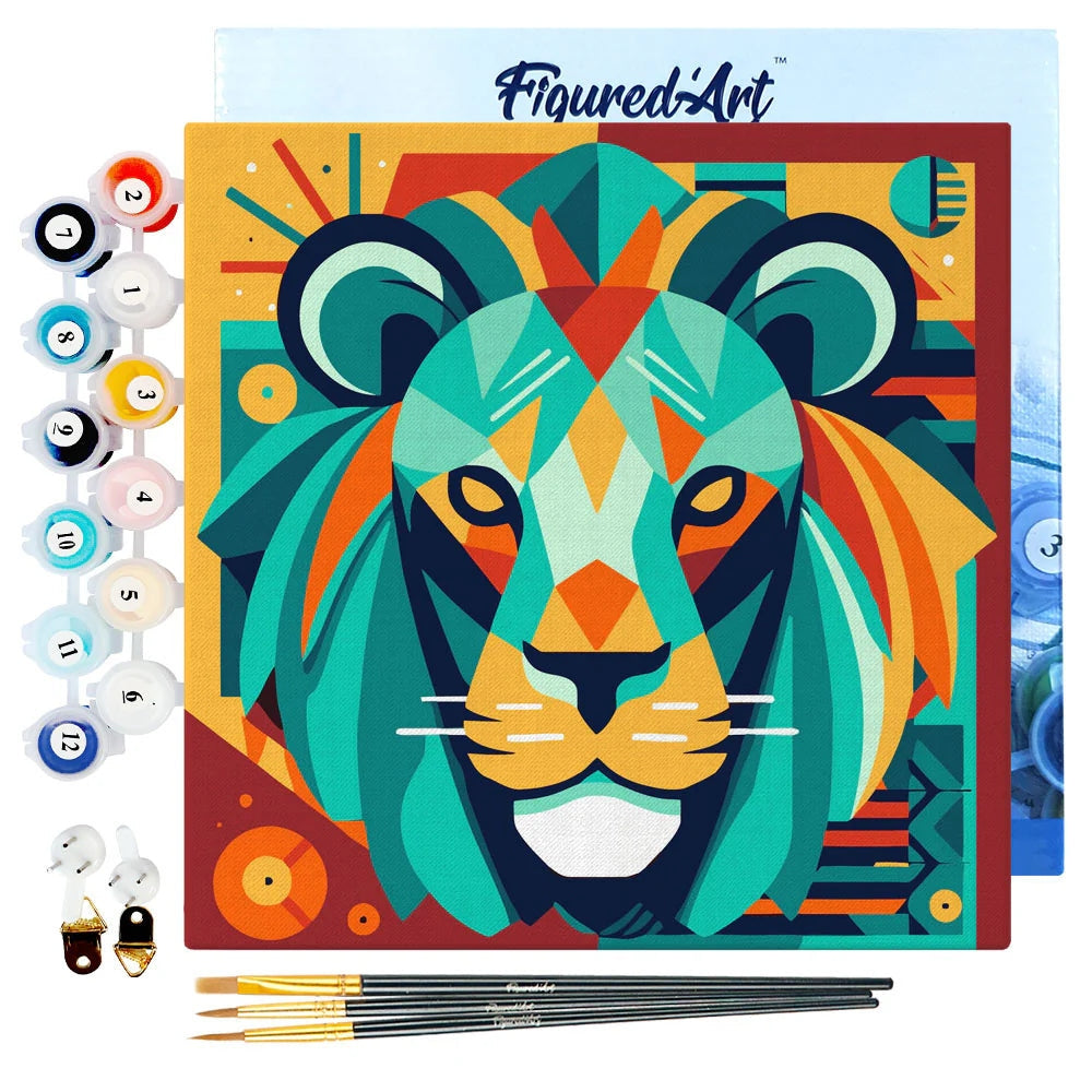 Mini Peinture par Numéros - Kit DIY 20x20cm avec cadre Lion Art Déco Figured'art