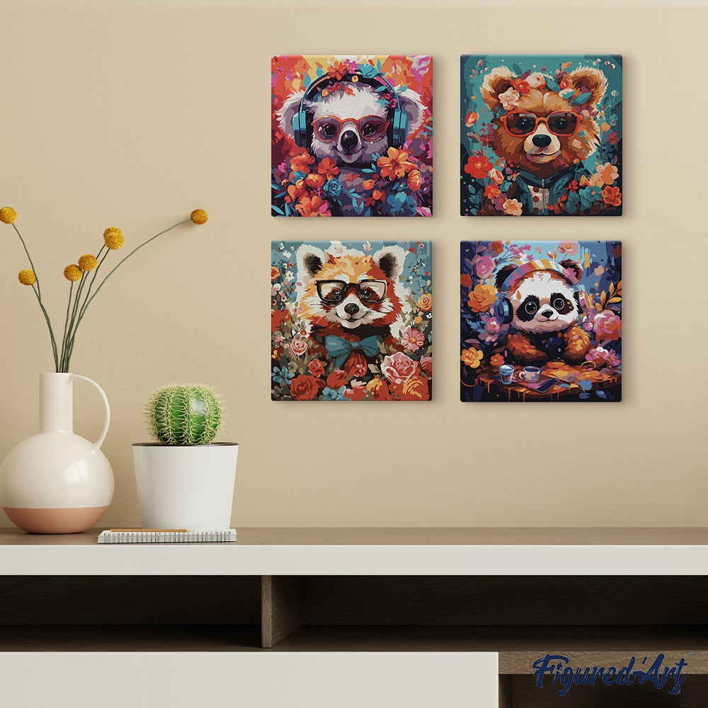 Mini Peinture par Numéros 20x20cm avec cadre Panda fantaisie et fleurs