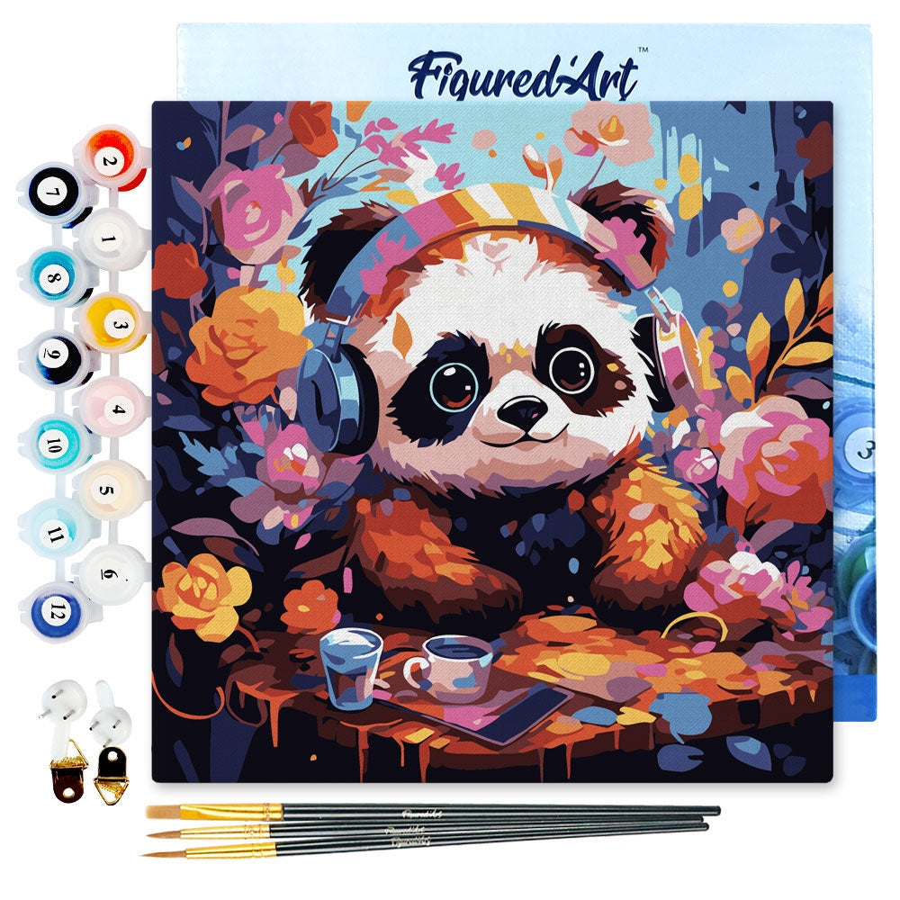 Mini Peinture par Numéros 20x20cm avec cadre Panda fantaisie et fleurs