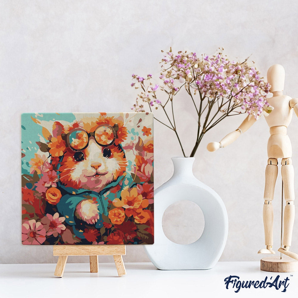 Mini Peinture par Numéros 20x20cm avec cadre Hamster fantaisie et fleurs