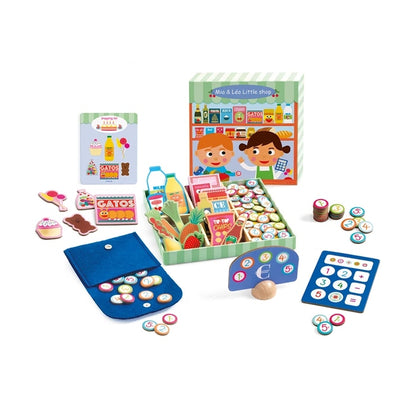 Stand de marchande avec aliments et accessoires du coffret Djeco