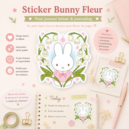 Sticker Bunny Fleur Holographique – Autocollant Kawaii Lapin Floral Liviaa.studio
