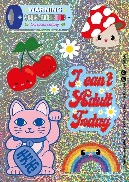 Planche de stickers pailletés Maneki Neko – Autocollants kawaii scintillants A6 studio inktvis