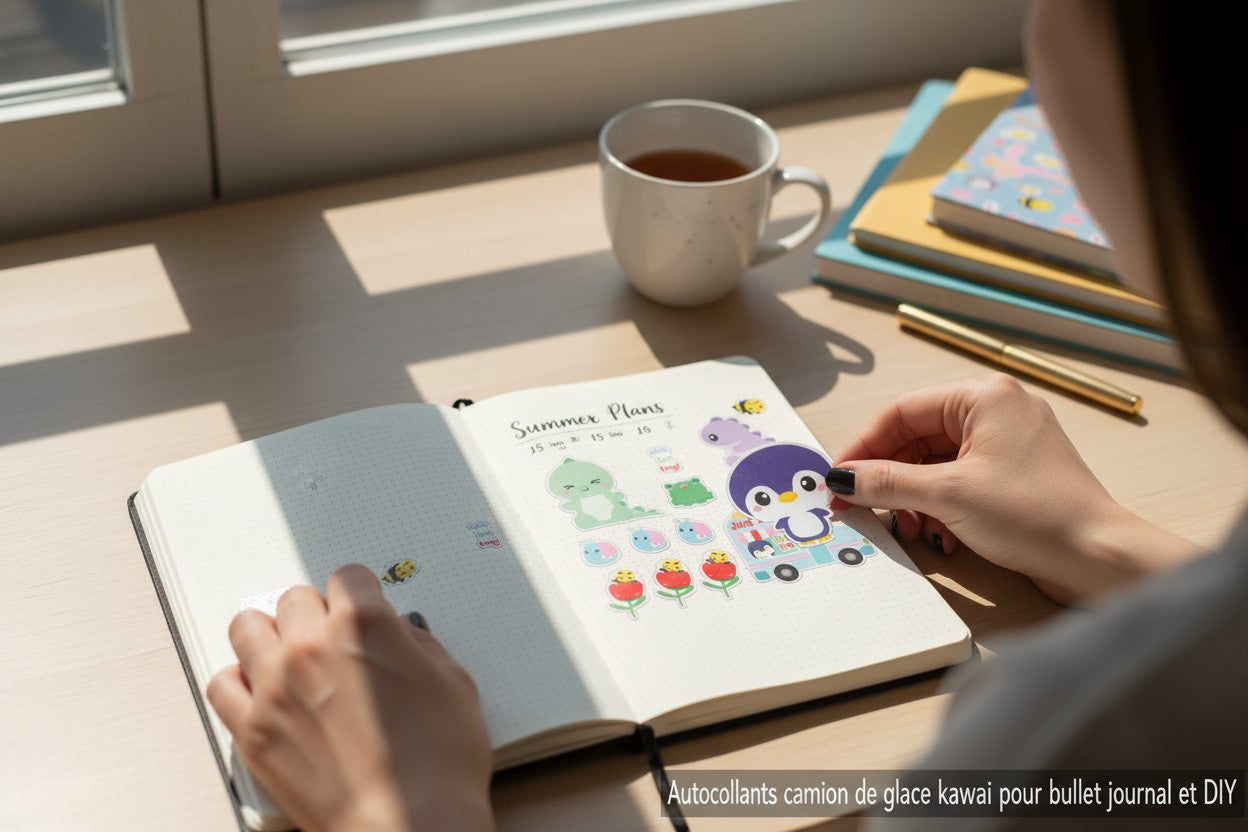 Stickers pingouin utilisés pour décorer un bullet journal coloré
