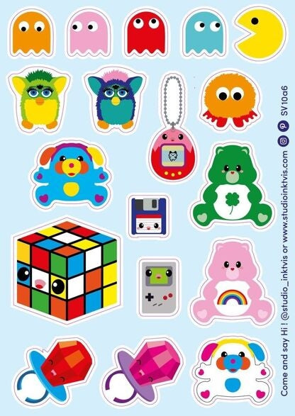 Planche de stickers rétro années 80-90 A6 – Autocollants vinyle vintage (18 stickers) studio inktvis