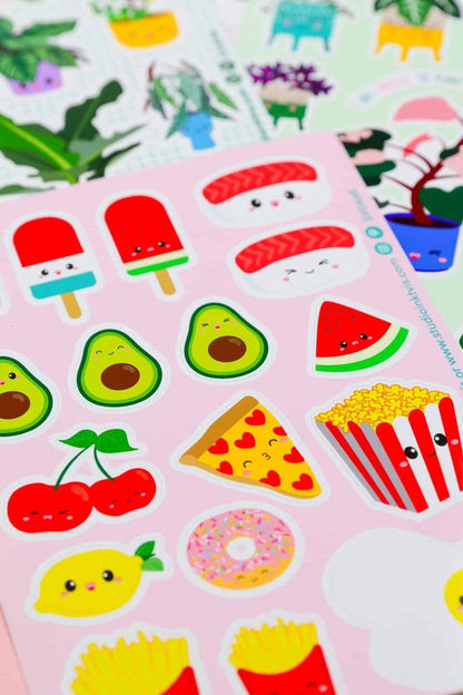 Planche de stickers Sushi, fruits & fast-food kawaii – Autocollants A6 (20 stickers) studio inktvis