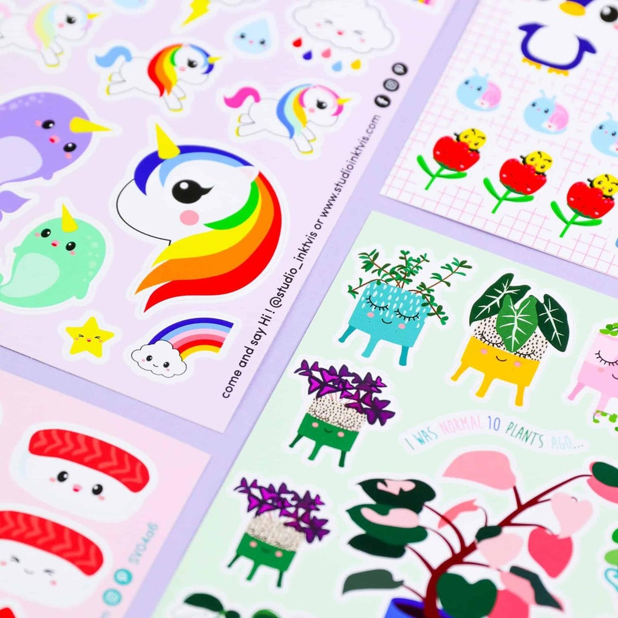 Planche de stickers Sushi, fruits & fast-food kawaii – Autocollants A6 (20 stickers) studio inktvis