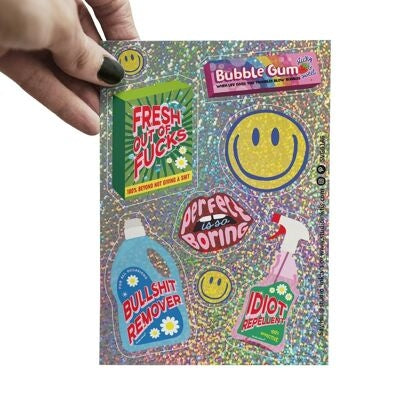 Planche de stickers pailletés Smiley & Messages sarcastiques – Autocollants fun A6 studio inktvis