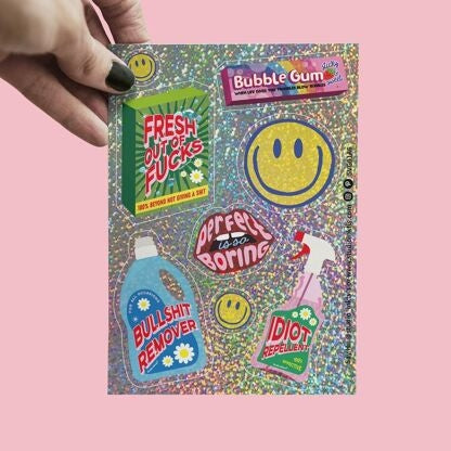 Planche de stickers pailletés Smiley & Messages sarcastiques – Autocollants fun A6 studio inktvis