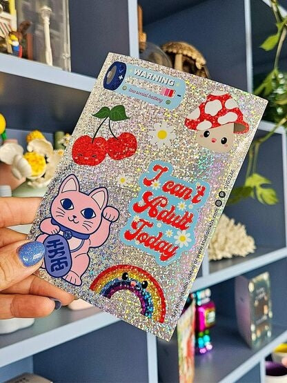 Planche de stickers pailletés Maneki Neko – Autocollants kawaii scintillants A6 studio inktvis