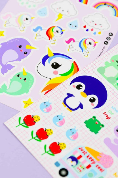 Planche de stickers Licorne & Narval arc-en-ciel – Autocollants kawaii A6 studio inktvis